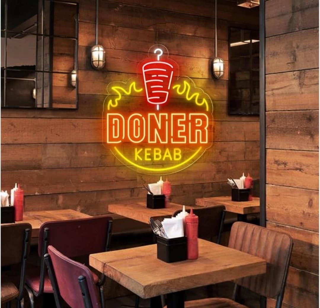 Letrero de Neón LED Döner Kebab, Señalización Luminosa Decorativa, Rojo y Amarillo