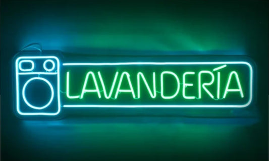 Letrero LED de Neón para Lavandería, Luz Verde y Azul, Señalización Luminosa para Pared