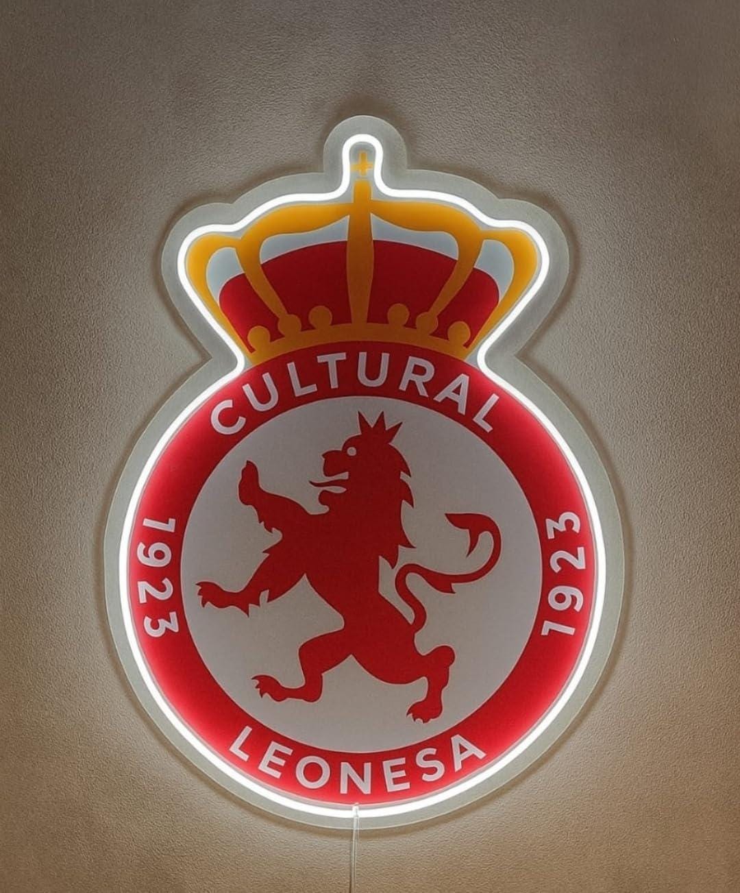 1 Cultural Leonesa escudo Pantalla metacrilato y vinilo con neón LED de Bar Deportivo, Logo Iluminado de la lga de futbol, Ambiente de Pub