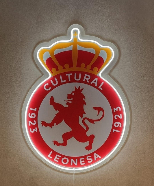 1 Cultural Leonesa escudo Pantalla metacrilato y vinilo con neón LED de Bar Deportivo, Logo Iluminado de la lga de futbol, Ambiente de Pub
