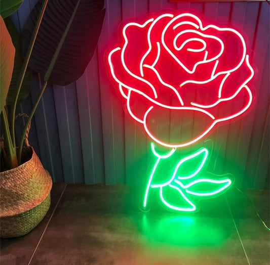 Lámpara LED de Neón Decorativa, Diseño de Rosa, Iluminación Roja y Verde para Pared