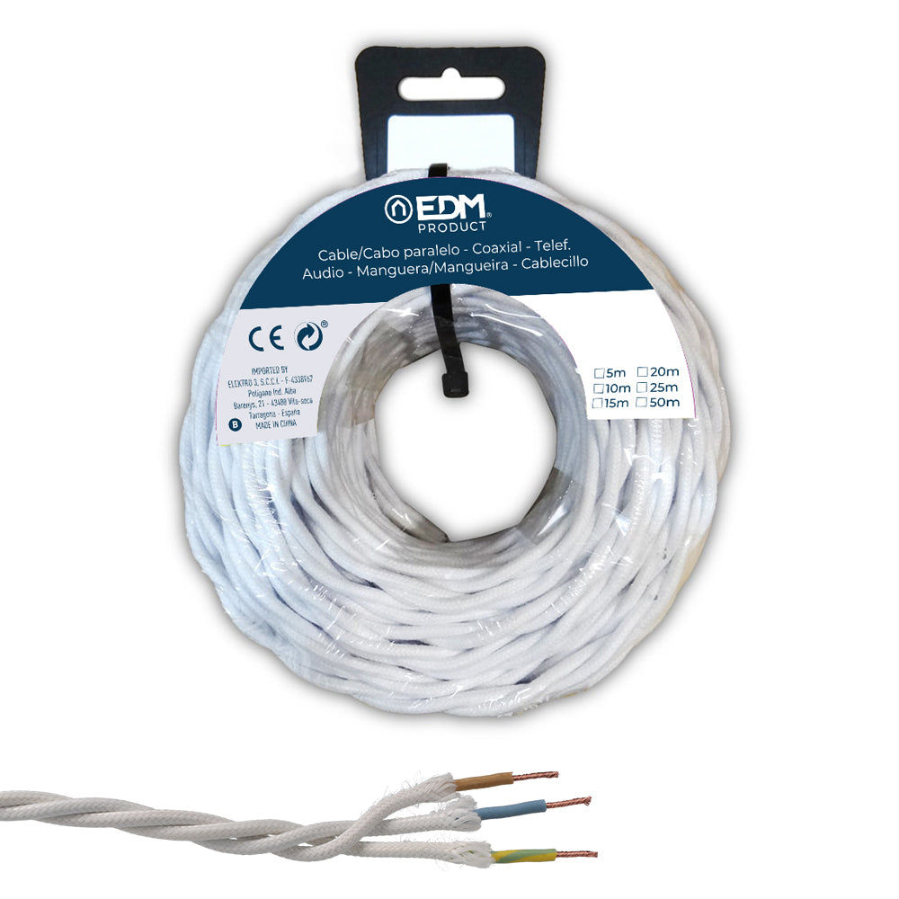 CARRETE CABLE PARALELO TEXTIL TRENZADO H07V-k 3 G 2,50 mm² BLANCO, 25 m