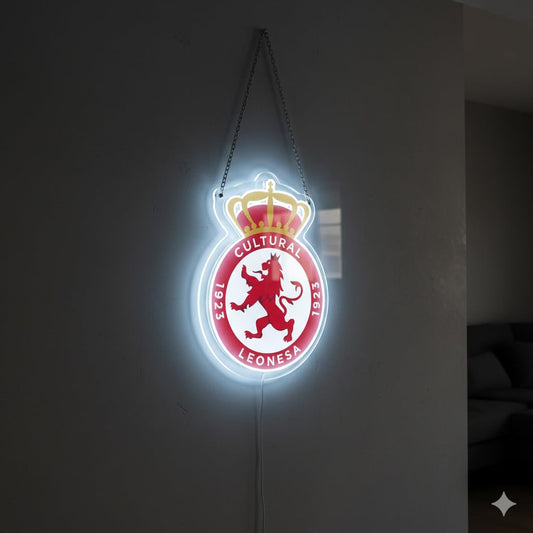 Cultural Leonesa regalo futbol, neón led vinilo con metacrilato Deportivo con Corona y León Rojo, escudo Iluminado medidas 40x30cm