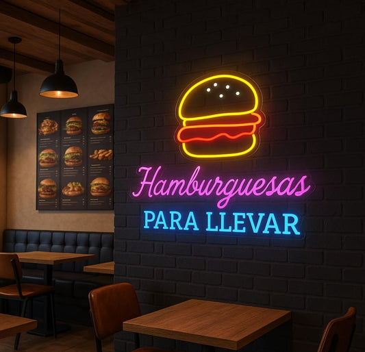 Letrero LED Neón Decorativo, Hamburguesas para Llevar, Multicolor, Iluminación para Restaurante