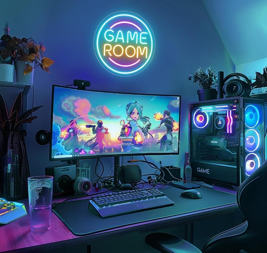 Letrero de Neón LED Game Room, Luz Decorativa Circular, Multicolor, 40 cm