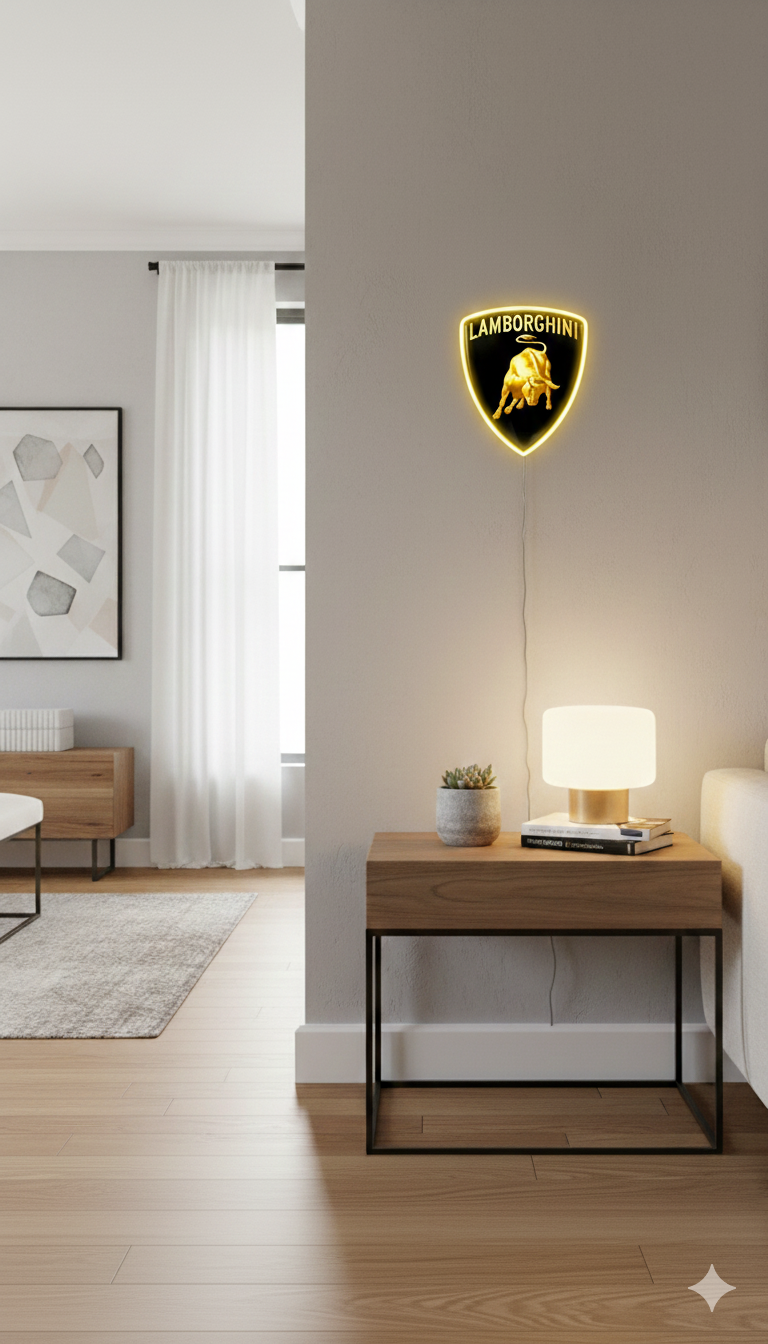 Escuderia Lamborghini medidas metacrilato 40x35cm aproximadamente dependiendo el diseño del escudo con neon led,metacrilato y vinilo color.Alimentacion 12v,cable 2m.