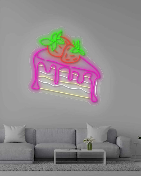 Letrero LED Neón Decorativo de Pastel con Fresas, 55 x 53 cm, Iluminación de Pared para Pastelería, Rosa y Verde