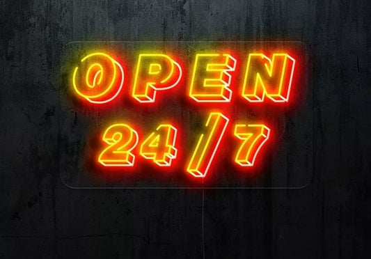 Letrero de Neón LED 'OPEN 24/7', Iluminación Azul y Rosa, Estilo Moderno