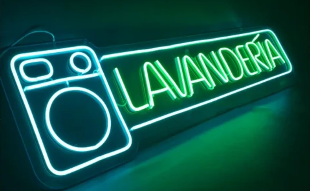 Letrero LED de Neón para Lavandería, Luz Verde y Azul, Señalización Luminosa para Pared