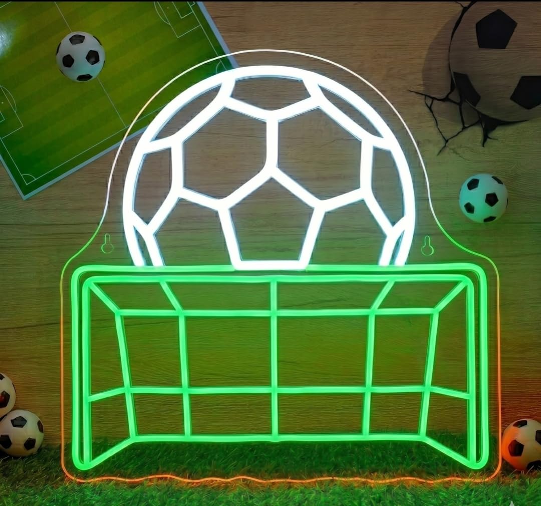 Letrero Neón nombre personalizado balón portería Luz neón LED, Rojo, Decoración de Pared con base metacrilato transparente, cadena, cable de 1.5 m y alimentación 12 v medidas 50cm aproximadamente