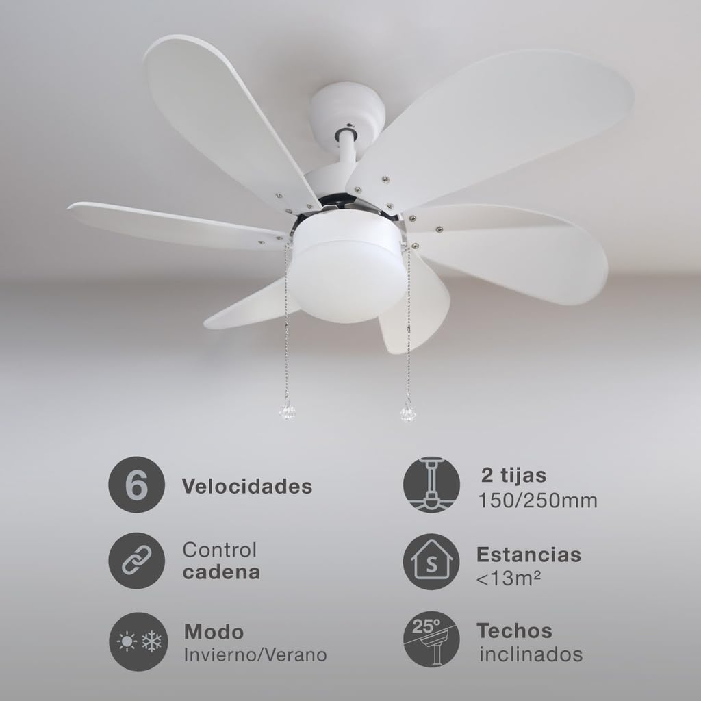 Genérico GSC Evoluion | Ventilador de techo con luz Blanco | Motor DC | Ø82 6 aspas | Ideal estancias <13m2 | Verano/Invierno