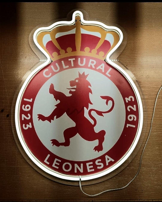 1 Cultural Leonesa escudo Pantalla metacrilato y vinilo con neón LED de Bar Deportivo, Logo Iluminado de la lga de futbol, Ambiente de Pub