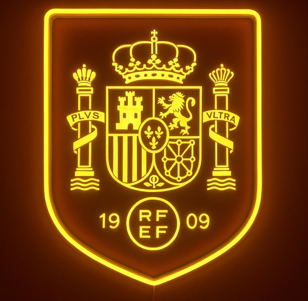 Lámpara escudo LED neon con vinilo y metacrilato transparente de Pared con Escudo de Regalos España y selección de fútbol Luz Amarilla Neón, Diseño Deportivo Español, 1909 selección española