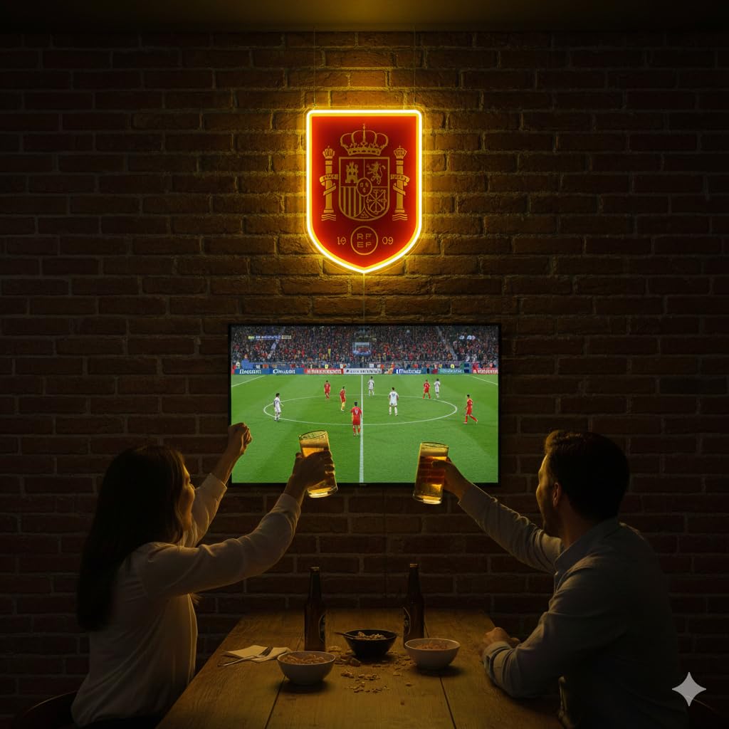 Letrero de Neón LED Escudo España Rojo y Amarillo, Decoración de Pared, Luz Colgante vinilo, metacrilato neón led 40x30cm aproximadamente 12 v