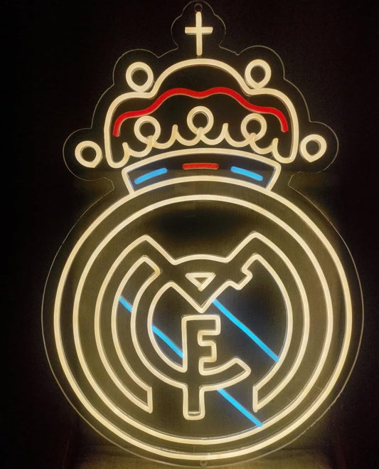 Lámpara LED Decorativa Real Madrid, Escudo Iluminado con Corona, Luz Neón, Blanco y Azul