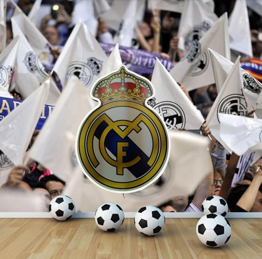 Cartel neón led regalo Real Madrid escudos Decoración de Fútbol, Blanco y Dorado Metacrilato,neón,vinilo, liga de fútbol Medidas 40x30cm