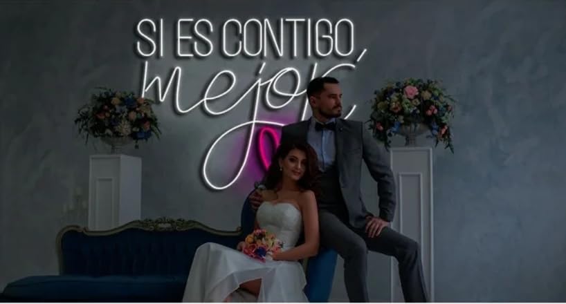Letrero de Neón LED 'Si es Contigo', Cartel Luminoso Decorativo con Corazón, Luz Blanca y Rosa