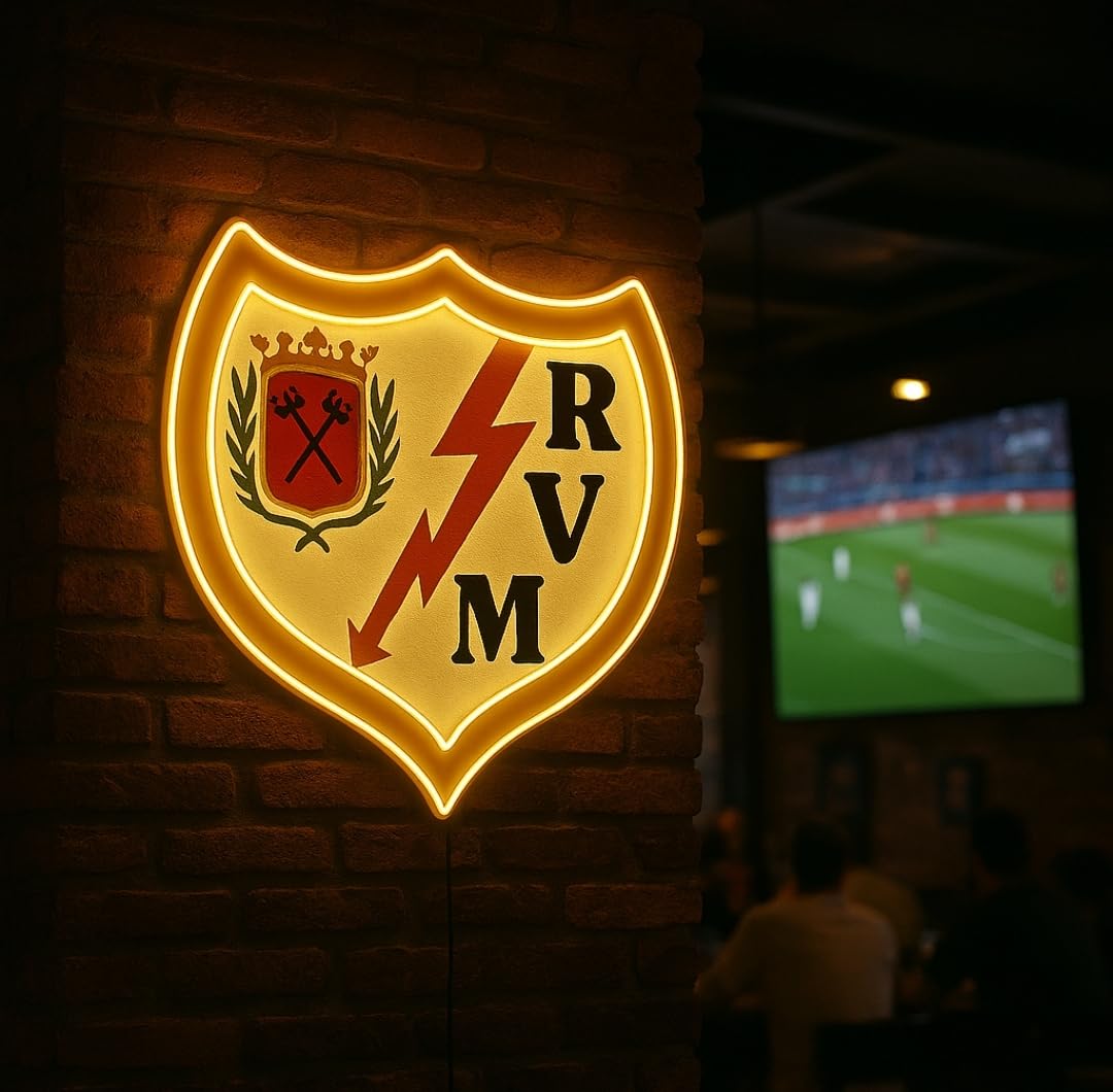 Lámpara de Pared LED neón metacrilato y vinilo, escudo de fútbol,Decorativa con Escudo Heráldico,Rayo Iluminación Ambiental, Diseño vallecano,medidas 33x32 cm