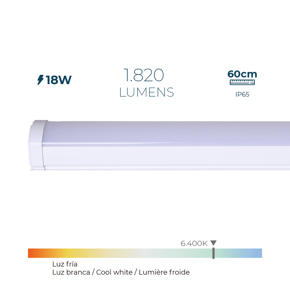 REGLETA LED 18 w 6.400 k LUZ FRÍA 1.820 lm 60 x 4,6 x 5,1 cm