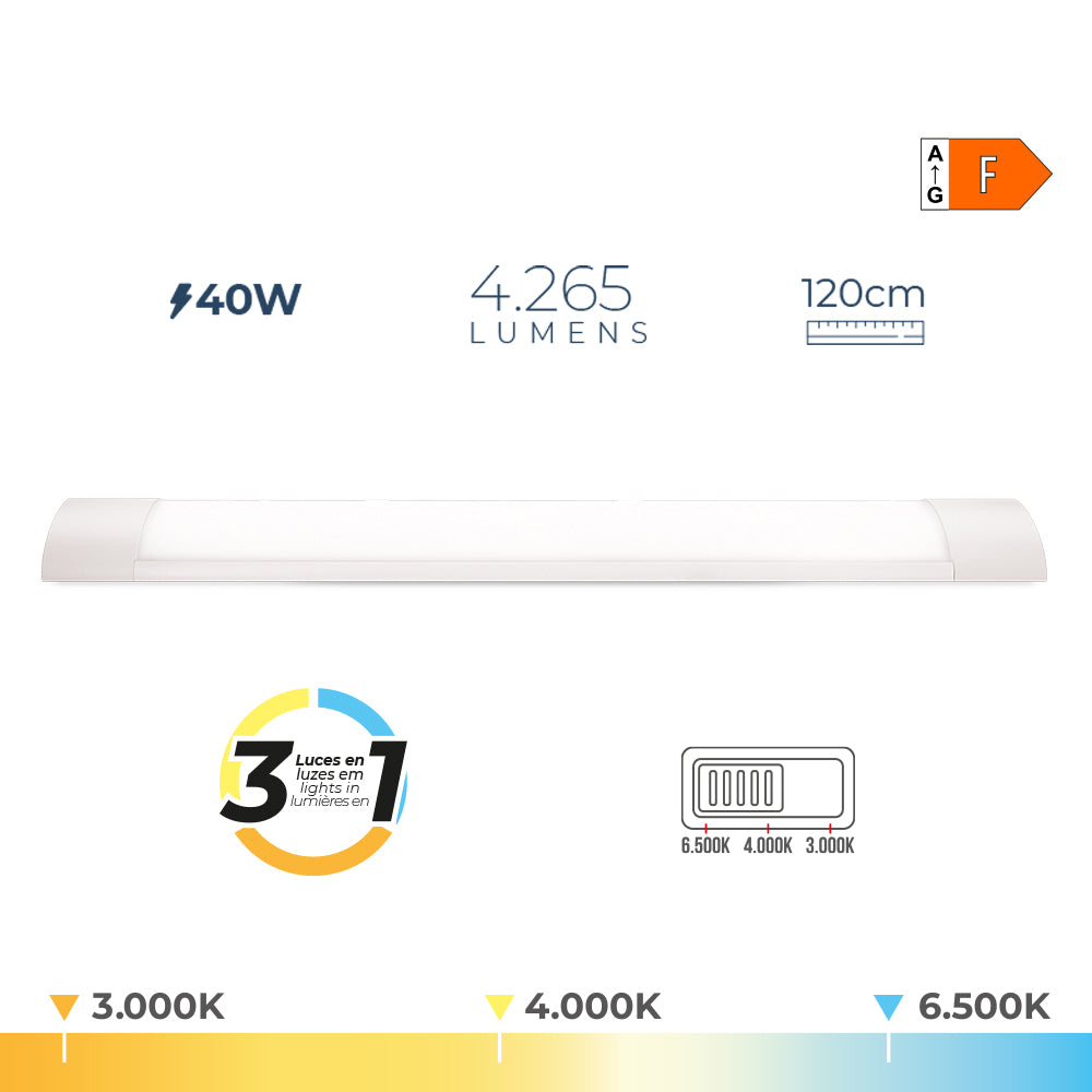 REGLETA LED 40 W TEMPERATURA DE LUZ VARIABLE 6500 K / 4000 K / 3000 K, 3CCT, 4265 lm, 120 x 2,6 x 7,4 cm