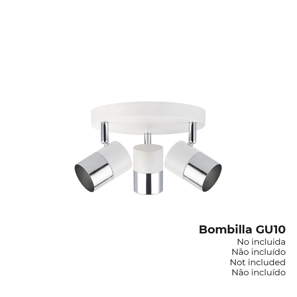 FOCO 3 ELEMENTOS MODELO MOON GU-10 (BOMBILLA NO INCLUIDA) COLOR CROMO+BLANCO HUESO Ø 20 x 12,6 cm