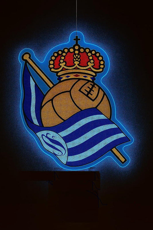 cartel escudo de neón led flex metacrilato y vinilo de LA REAL SOCIEDAD de la liga de fútbol,regalo, para pared de un bar