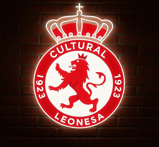 Cultural Leonesa escudo Pantalla neón LED de Bar Deportivo, Proyección de Fútbol en Vivo, Logo Iluminado, Ambiente de Pub