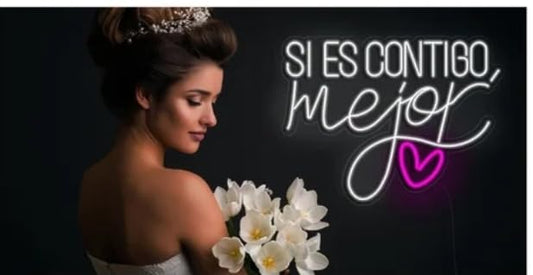 Letrero de Neón LED 'Si es Contigo', Cartel Luminoso Decorativo con Corazón, Luz Blanca y Rosa
