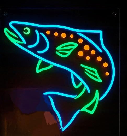 SOLOLED Diseño Decorativo neón led de Pez Trucha, Arte Lineal en Azul y Verde con Puntos Naranjas