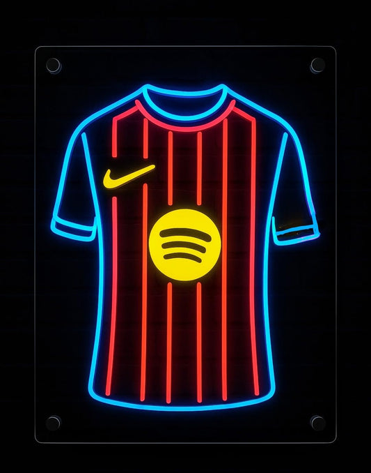 Letrero LED neón en metacrilato Deportivo regalo Barcelona Diseño de Camiseta Neón, Azul y Rojo, Iluminación Decorativa