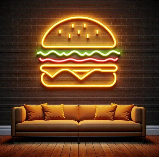 Letrero de neón de hamburguesa, Letrero de neón de comida rápida, Letrero de neón de comida, Letrero de neón de restaurante