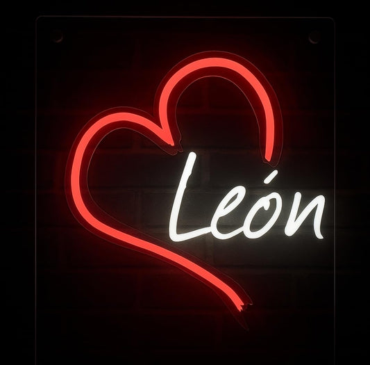 Letrero LED Decorativo de Neón con Diseño de Corazón y Texto 'León', Iluminación en Rojo y Blanco