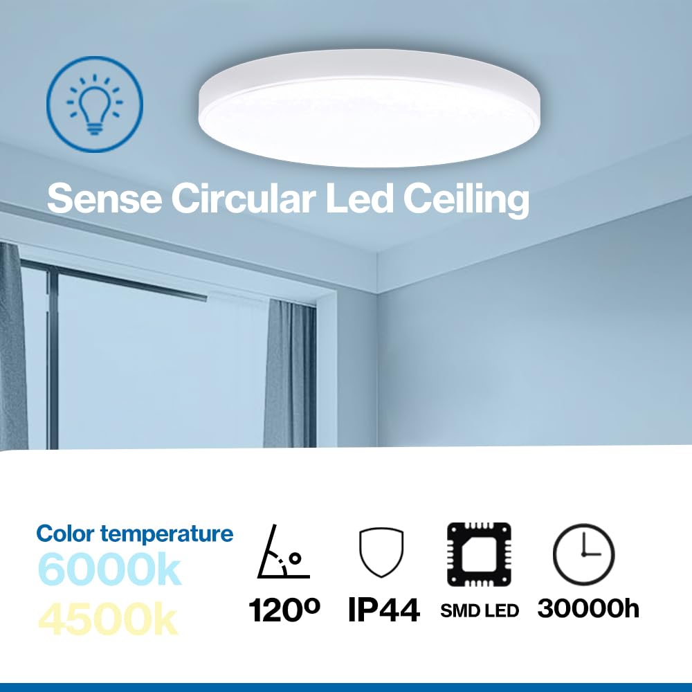 Ledme - Plafon LED Techo Sense, Lámpara Techo para Baño IP44, para Baño, Cocina, Balcón