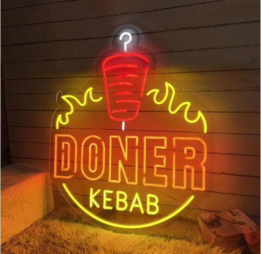Letrero de Neón LED Döner Kebab, Señalización Luminosa Decorativa, Rojo y Amarillo