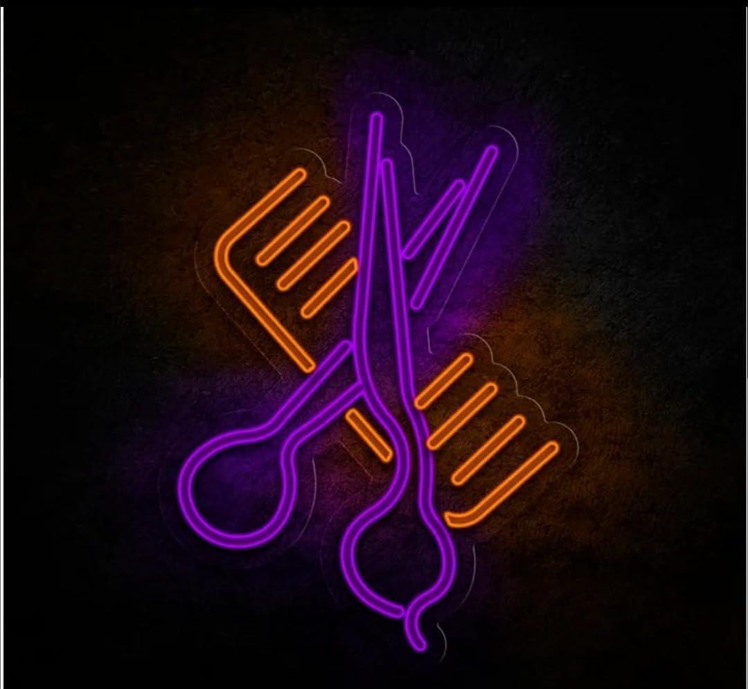 Letrero LED Decorativo de Neón para Peluquería, Tijeras y Peine, 3 Tamaños: 25cm, 33cm, 40cm, Luz Púrpura y Naranja