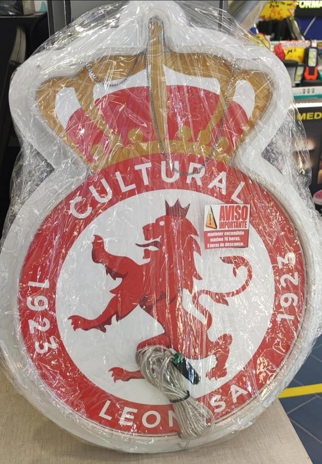 1 Cultural Leonesa escudo Pantalla metacrilato y vinilo con neón LED de Bar Deportivo, Logo Iluminado de la lga de futbol, Ambiente de Pub
