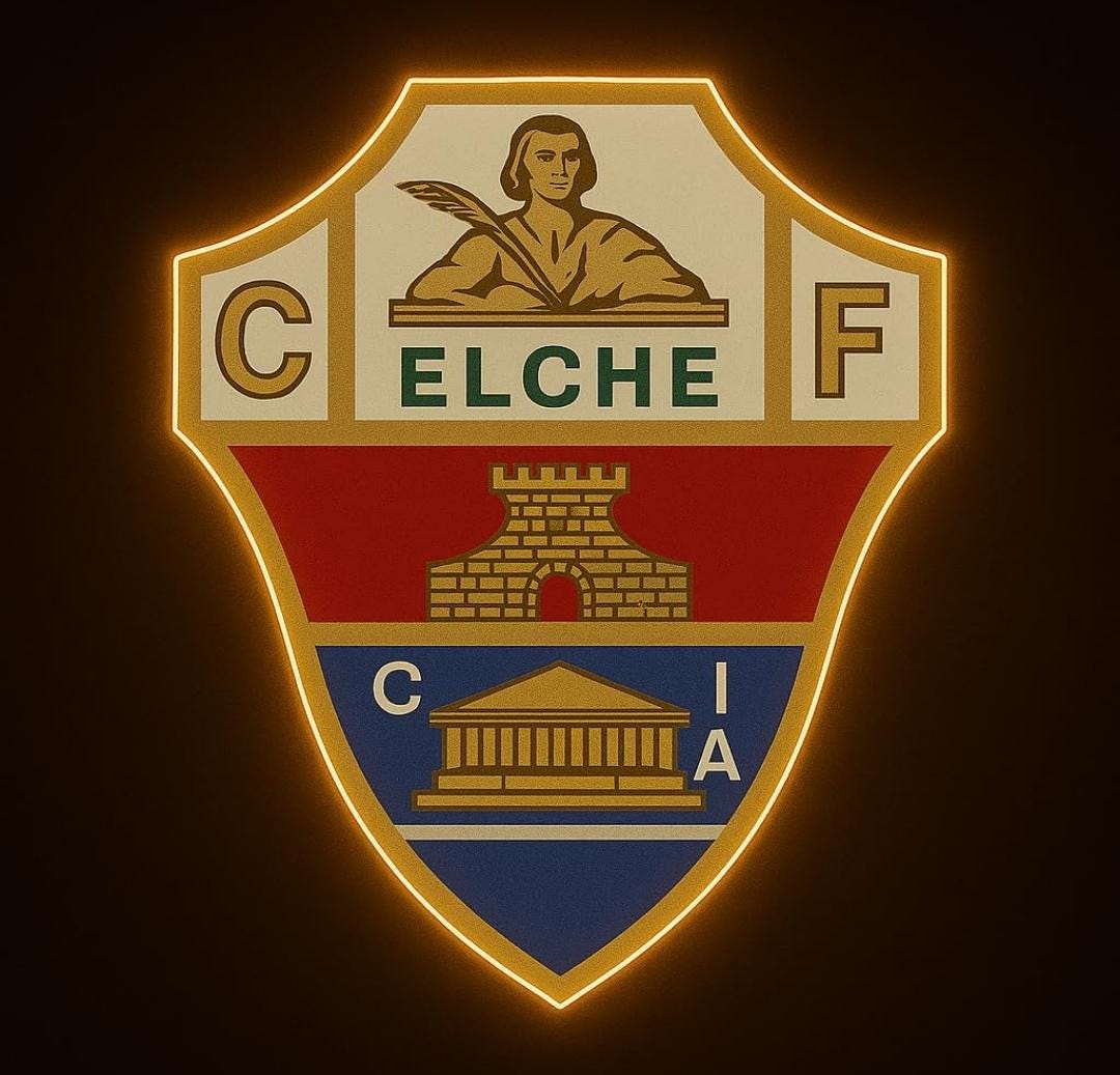cartel escudo de neón led flex metacrilato y vinilo de Elche de la liga de fútbol,regalo, para pared de un bar