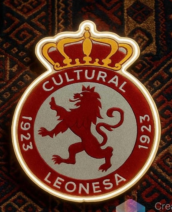 SOLOLED Cultural Leonesa, Emblema Deportivo en vinilo y base metacrilato transparente con el Relieve en neón led, Escudo con Corona Real y León Rampante, Insignia de Club de Fútbol