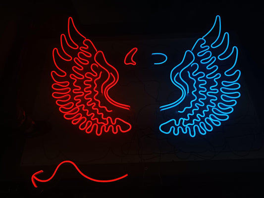 Letrero LED de Neón con Alas de Ángel y Demonio, Luz Decorativa de Pared, Rojo y Azul, para Dormitorio, Bar, Fiestas medidas 110 x60cm -12 v