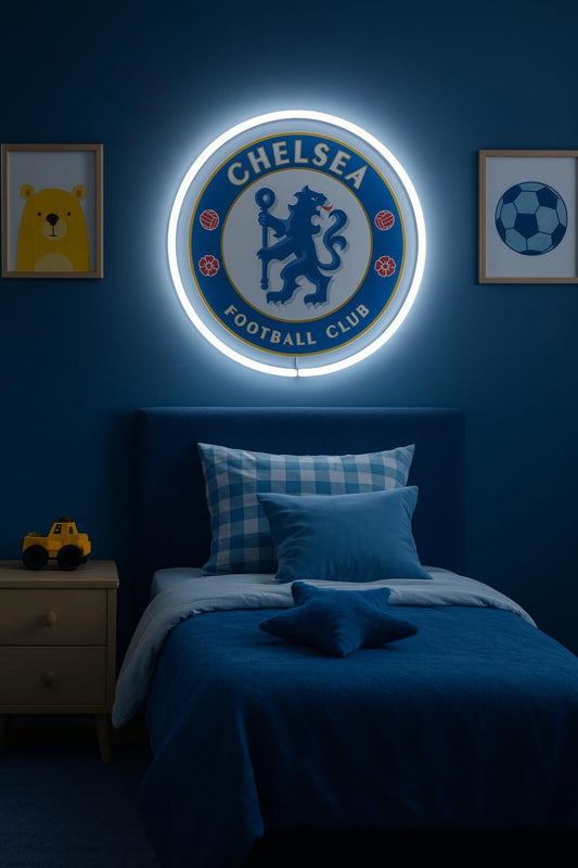 SOLOLED Letrero de Neón LED Escudo futbol Chelsea champions Ligue de Pared, Luz Colgante vinilo, metacrilato neón led 40x30cm aproximadamente 12 v
