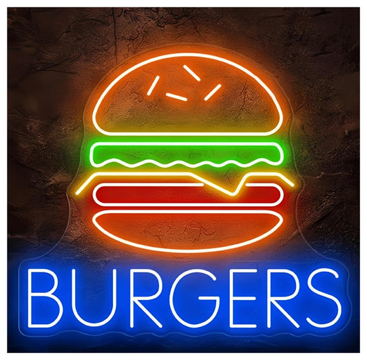 MENGE Lámpara de señalización Letrero De Neón De Hamburguesa Abierta, Decoración De Pared Para Restaurante, Tienda De Comida Rápida 50X53cm