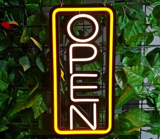 Letrero Luminoso Abierto de Neón, 20 x 41 cm, Luz Comercial para Pared, Amarillo/Blanco
