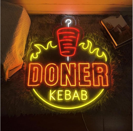 Letrero de Neón LED Döner Kebab, Señalización Luminosa Decorativa, Rojo y Amarillo