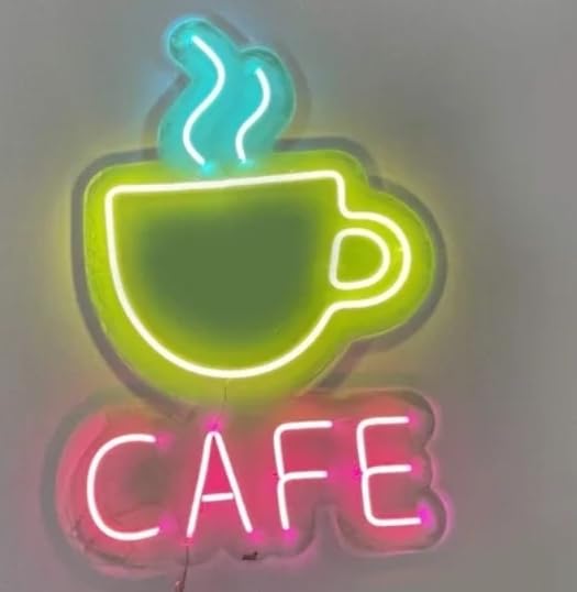 Letrero LED Neón Café, Luz Amarilla y Rosa, 3 Tamaños Disponibles - S (47x100cm), Decoración para Bar