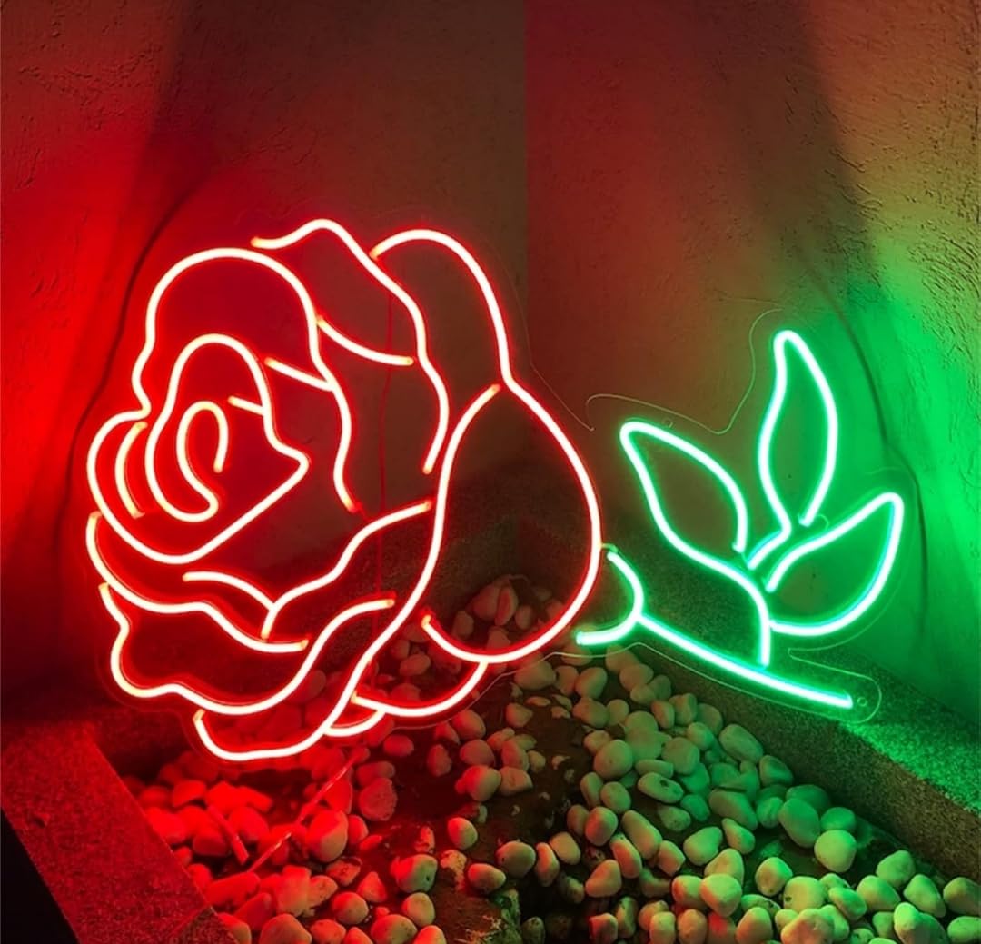 Lámpara LED de Neón Decorativa, Diseño de Rosa, Iluminación Roja y Verde para Pared