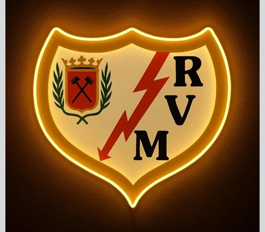 cartel escudo de neón led flex metacrilato y vinilo de Rayo Vallecano de la liga de fútbol,regalo, para pared de un bar