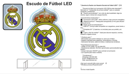 Escudo LED, Iluminación COB Alta Intensidad, Metaquilato Profesional, Decoración MADRID Deportiva