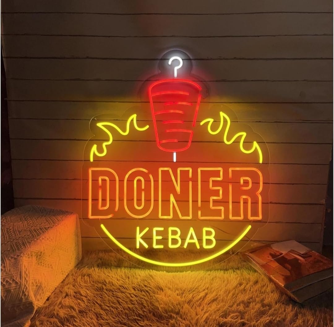 Letrero de Neón LED Döner Kebab, Señalización Luminosa Decorativa, Rojo y Amarillo