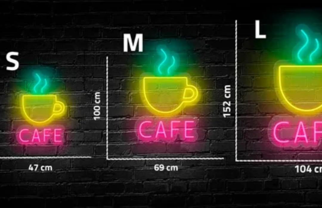 Letrero LED Neón Café, Luz Amarilla y Rosa, 3 Tamaños Disponibles - S (47x100cm), Decoración para Bar