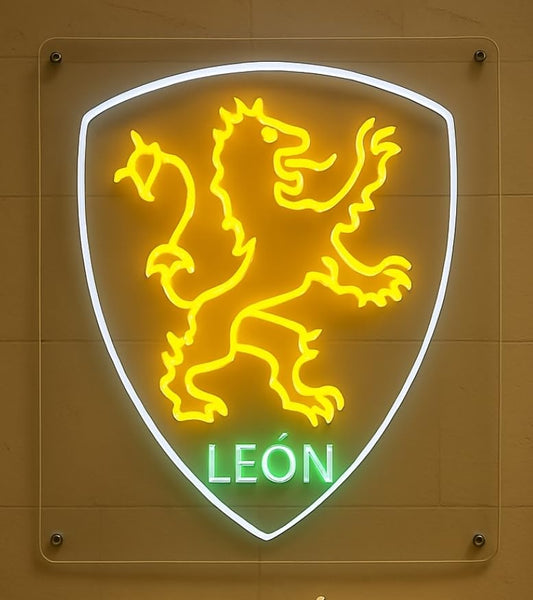 Letrero LED Decorativo Neón León, Escudo Heráldico Luminoso, Amarillo y Verde, Montaje en Pared